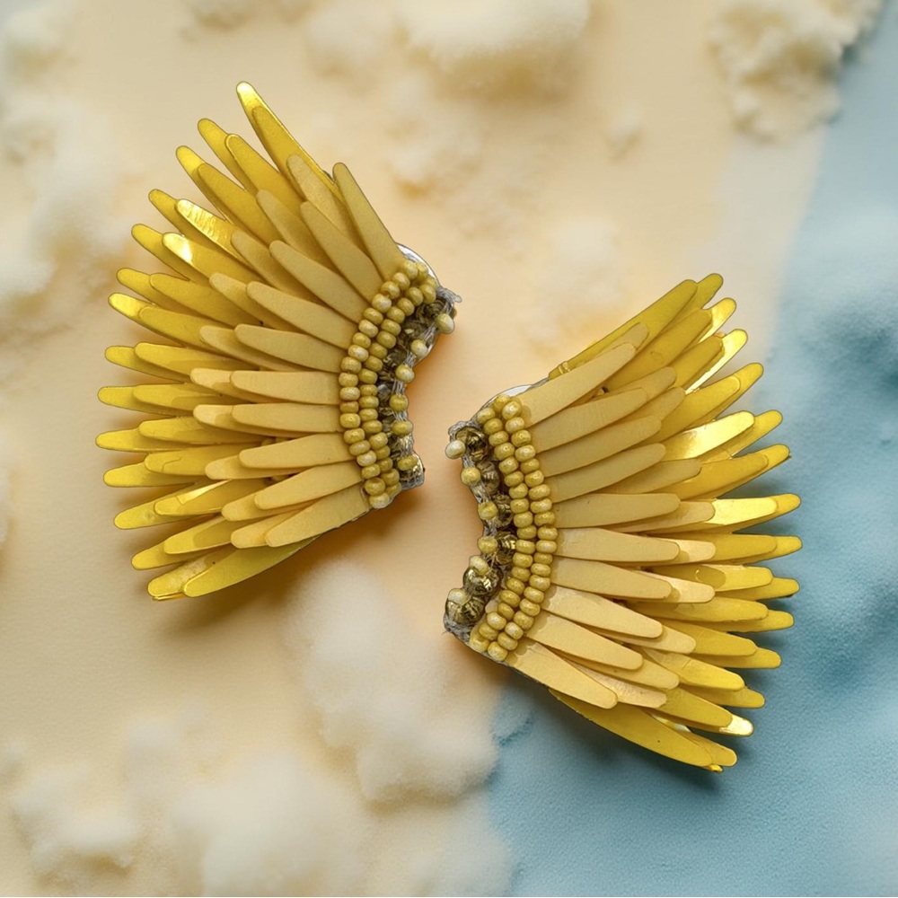 Mignonne Gavigan Mini Madeline Beaded Bright Yellow Resin Wing Earrings 1.5”